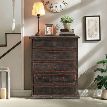 Unique One of a Kind - Distressed Rustic Brown Wooden 5 Drawer Chest