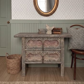 Unique One of a Kind - Distressed Carved Rustic Brown Wooden 2 Drawer Chest