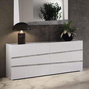 Alba Italian White Carrara Marble Inlay 6 Drawer Wide Chest