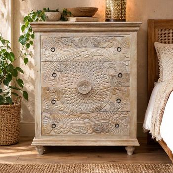 Carved Mango Wood 4 Drawer Chest