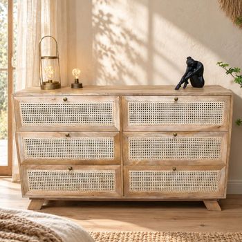 Mango Wood and Rattan 6 Drawer Wide Chest