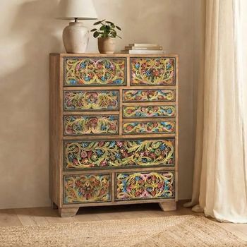 Jungle Natural Mango Wood Hand Painted Multi Drawer Tall Chest