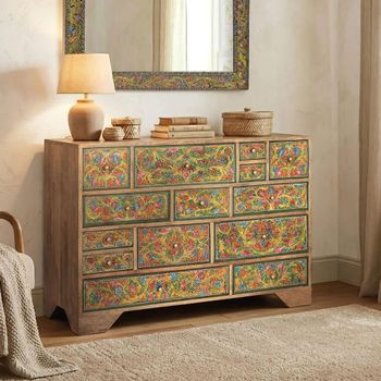 Jungle Natural Mango Wood Hand Painted Multi Drawer Wide Chest