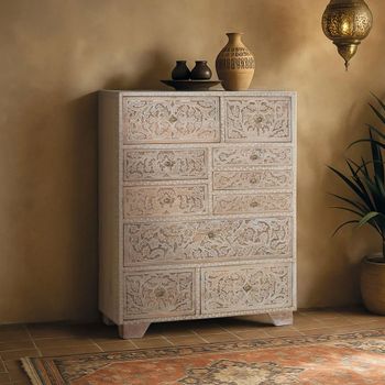 Indira Distressed Washed White Floral Carved Mango Wood Multi Drawer Chest