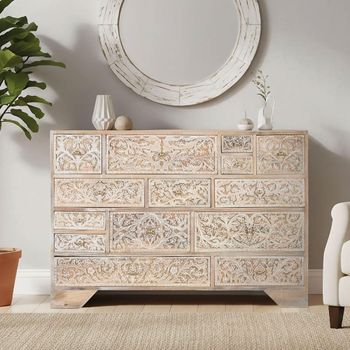 Indira Distressed Washed White Floral Carved Mango Wood Multi Drawer Wide Chest