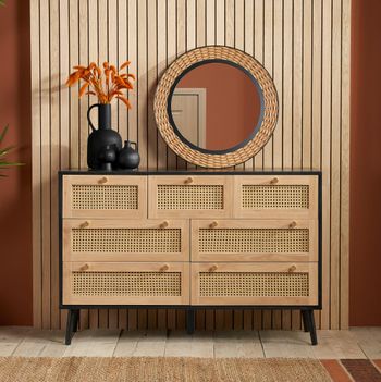 Croxley Black and Rattan 7 Drawer Wide Chest
