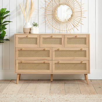 Croxley Oak and Rattan 7 Drawer Wide Chest