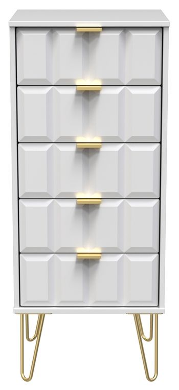 Cube White Narrow 5 Drawer Chest with Gold Hairpin Legs