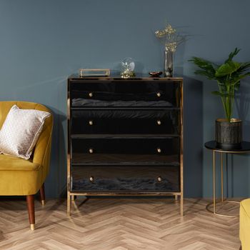 Fenwick Black Glass Gold Trim 4 Drawer Chest
