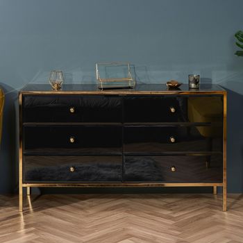 Fenwick Black Glass Gold Trim 6 Drawer Wide Chest