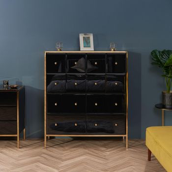 Fenwick Multi Drawer Black Glass Gold Trim 7 Drawer Chest