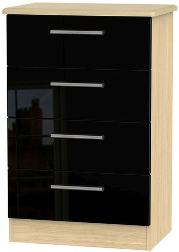 Knightsbridge Midi Black Gloss and Light Oak 4 Drawer Chest