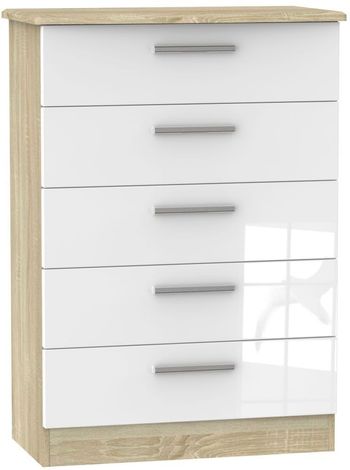 Knightsbridge White Gloss and Oak 5 Drawer Chest