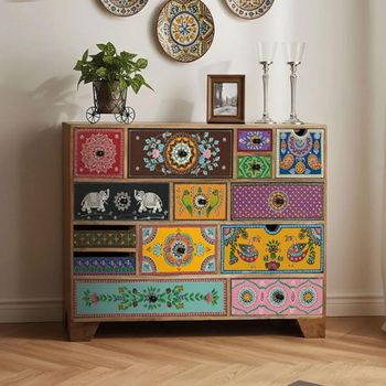 Lille Natural Mango Wood Hand Painted Multi Drawer Wide Chest  