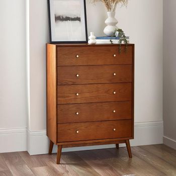 Lowry Cherry Wood 5 Drawer Midi Retro Style Chest