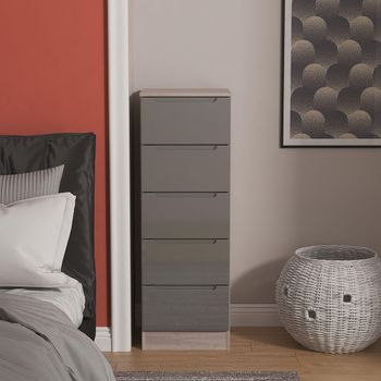 Milan Grey Gloss and Grey Oak 5 Drawer Narrow Chest