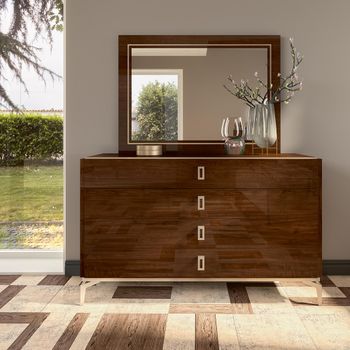 Modern Eva Walnut with Gold Trim 4 Drawer Dresser