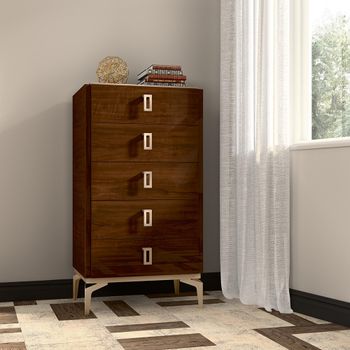 Modern Eva Walnut with Gold Trim 5 Drawer Tall Chest