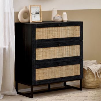 Padstow Black and Rattan 3 Drawer Small Chest