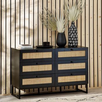 Padstow Black and Rattan 6 Drawer Wide Chest