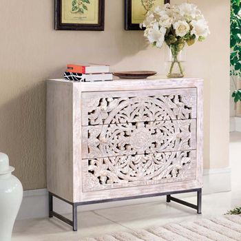 Quintana Mango Wood 3 Drawer Washed Carved Chest