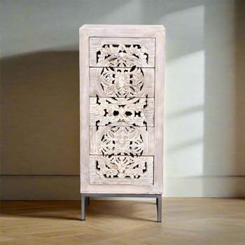 Quintana Mango Wood 5 Drawer Tall Washed Carved Chest