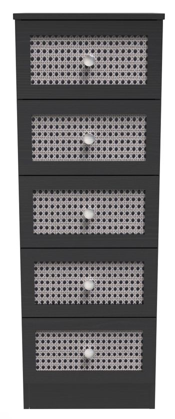 Rattan and Black Ash 5 Drawer Narrow Chest