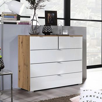 Erimo Artisan Oak and Crystal White Glass 3+2 Drawer Chest