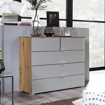 Erimo Artisan Oak and Silk Grey Glass 3+2 Drawer Chest