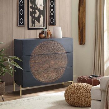 Refton Dark Mango Wood 3 Drawer Carved Chest