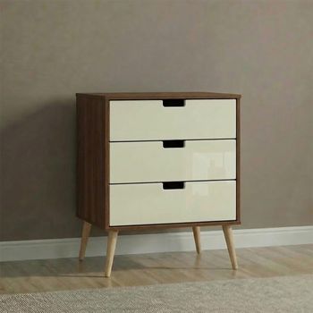 Shanghai Midi Cream Gloss and Walnut 3 Drawer Chest with Natural Legs