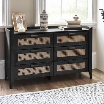 Sydney Black and Faux Rattan 6 Drawer Wide Chest