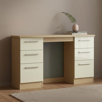 Knightsbridge Cream Gloss and Light Oak 6 Drawer Double Dressing Table