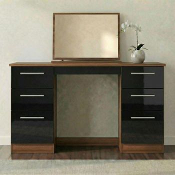 Knightsbridge Black Gloss and Walnut 6 Drawer Double Dressing Table