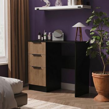 Java Fluted Effect Natural and Black 3 Drawer Single Dressing Table