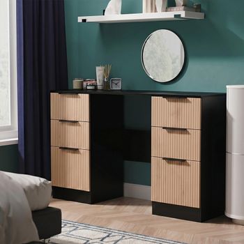 Java Fluted Effect Natural and Black 6 Drawer Double Dressing Table