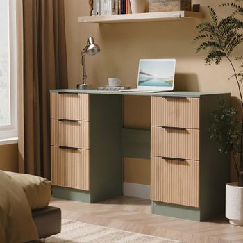 Java Fluted Effect Natural and Reed Green 6 Drawer Double Dressing Table