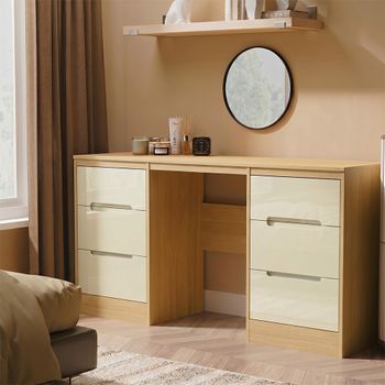 Monaco Cream Gloss and Light Oak 6 Drawer Double Dressing Table