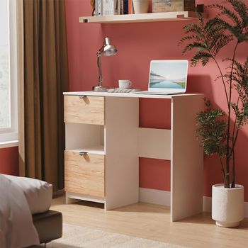 Bora Gold Craft Oak and Kashmir Matt 2 Drawer Open Shelf Single Dressing Table