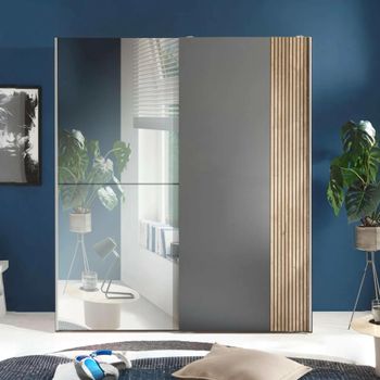 Berno Oak Fluted and Dark Grey Sliding Mirror 2 Door Wardrobe