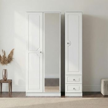 Pembroke White Gloss 3 Door 1 Mirror RHF 2 Drawer Combi Tall Wardrobe