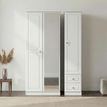 Pembroke White 3 Door 1 Mirror RHF 2 Drawer Combi Tall Wardrobe
