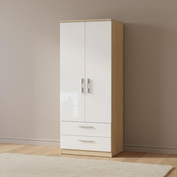 Knightsbridge White Gloss and Light Oak 2 Door 2 Drawer Double Wardrobe