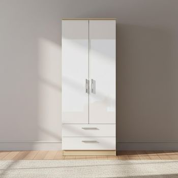 Knightsbridge White Gloss and Light Oak 2 Door 2 Drawer Tall Wardrobe