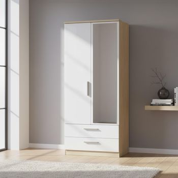 Knightsbridge White Gloss and Light Oak 2 Door 1 Mirror Combi Wardrobe