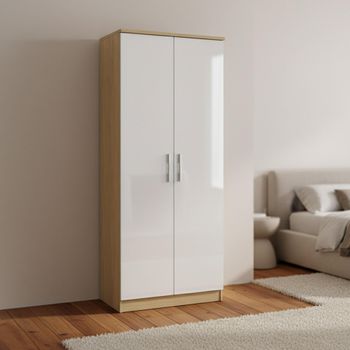 Knightsbridge White Gloss and Light Oak 2 Door Tall Plain Wardrobe