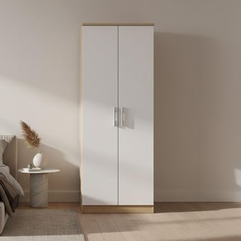 Knightsbridge White Gloss and Light Oak 2 Door Plain Wardrobe