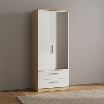 Knightsbridge White Gloss and Light Oak 2 Door 1 Mirror Combi Tall Wardrobe