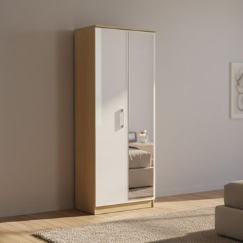 Knightsbridge White Gloss and Light Oak 2 Door 1 Mirror Tall Wardrobe