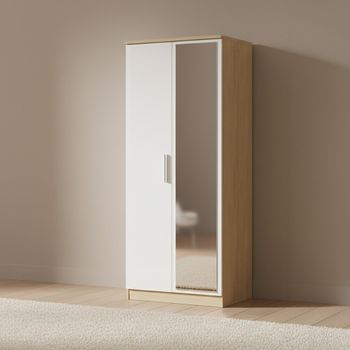 Knightsbridge White Gloss and Light Oak 2 Door 1 Mirror Wardrobe